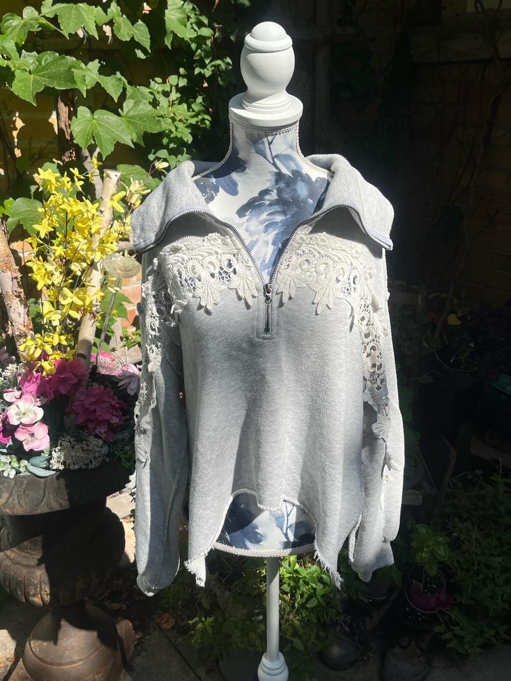 Free People Grey Lace Half Zip Cropped Sweater